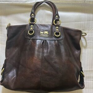 Coach Dark Brown Leather Tote with Gold Hardware